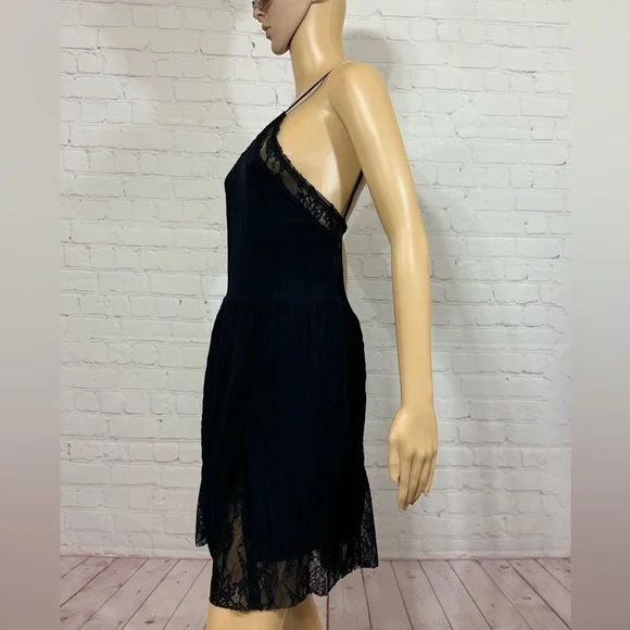 FREE PEOPLE INTIMATELY lace trimmed semi sheer mini slip dress black Medium GUC - Picture 5 of 16
